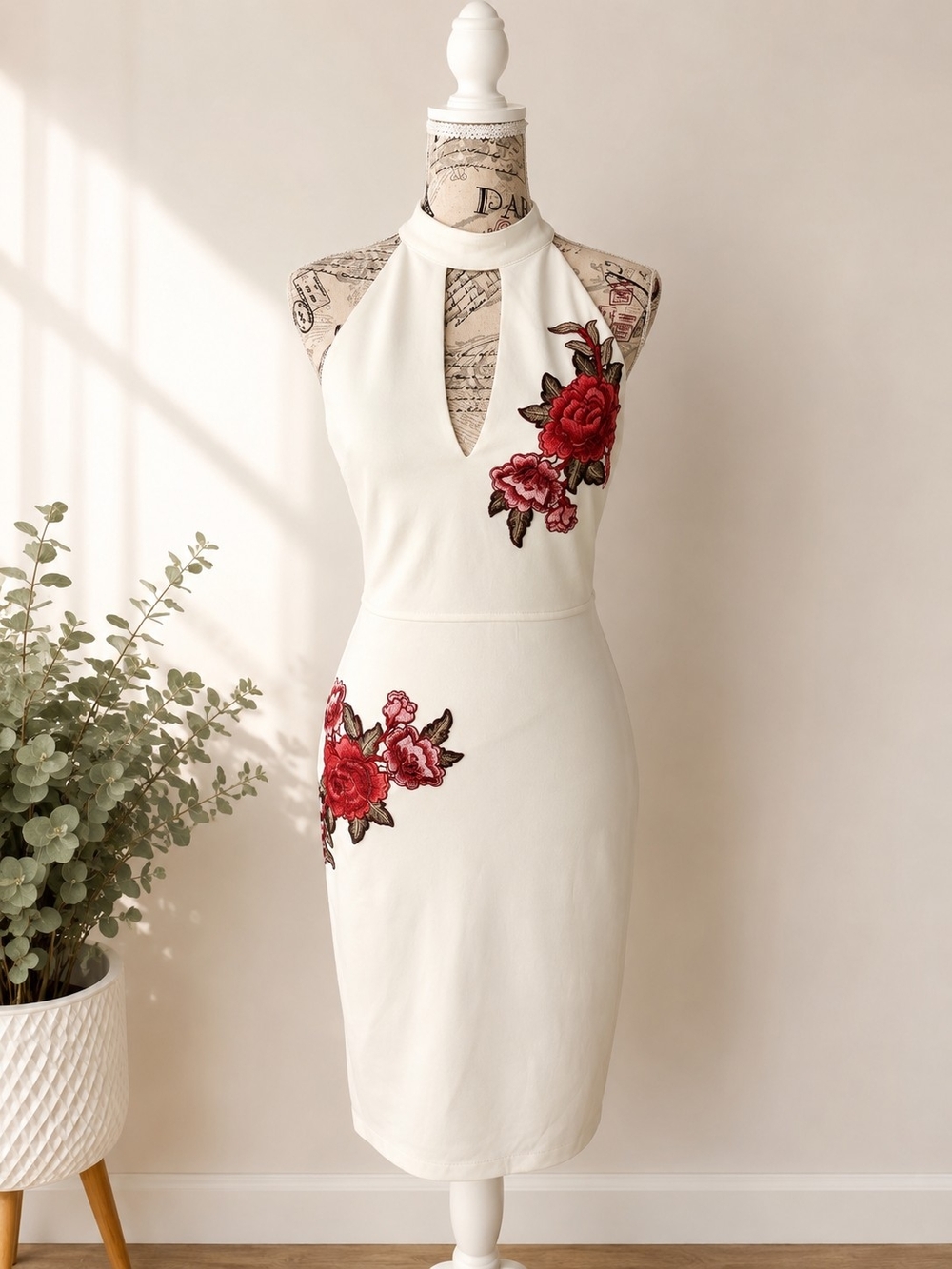 Forever 21 White Halter Midi Dress with Red Floral Appliqué